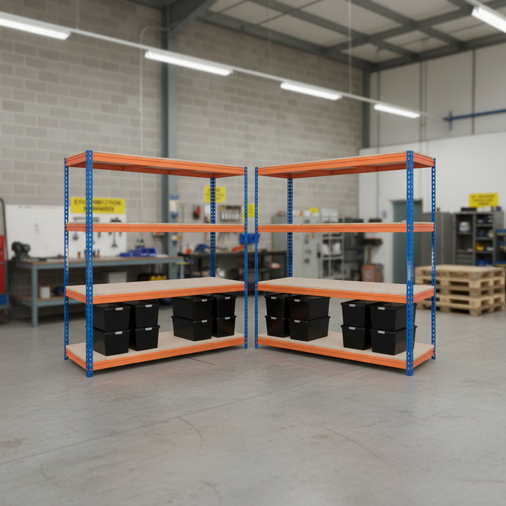 4x Heavy Duty Shelving Units - 1600mm High with 8x 62L Storage Boxes - Front view