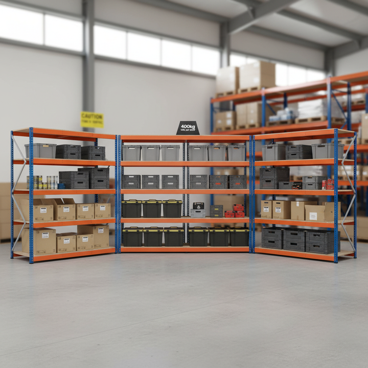 5x Heavy Duty Industrial Shelving - 2440mm High - 400kg Capacity - Chipboard - Front view