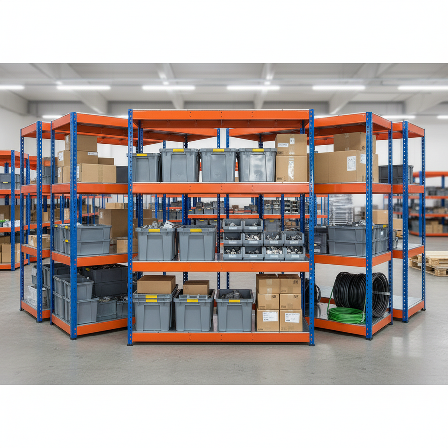 5x Heavy Duty Industrial Shelving - 2440mm High - 400kg Capacity - Steel - Blue & Orange - Front view