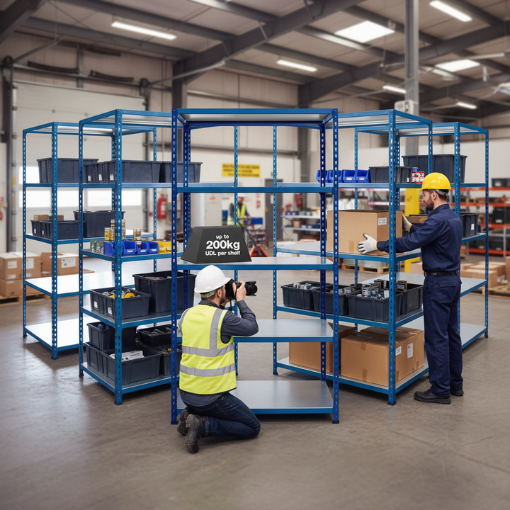 5x Premium Industrial Shelving - 2440mm High - 200kg Load Capacity - Steel - Blue Finish - Front view