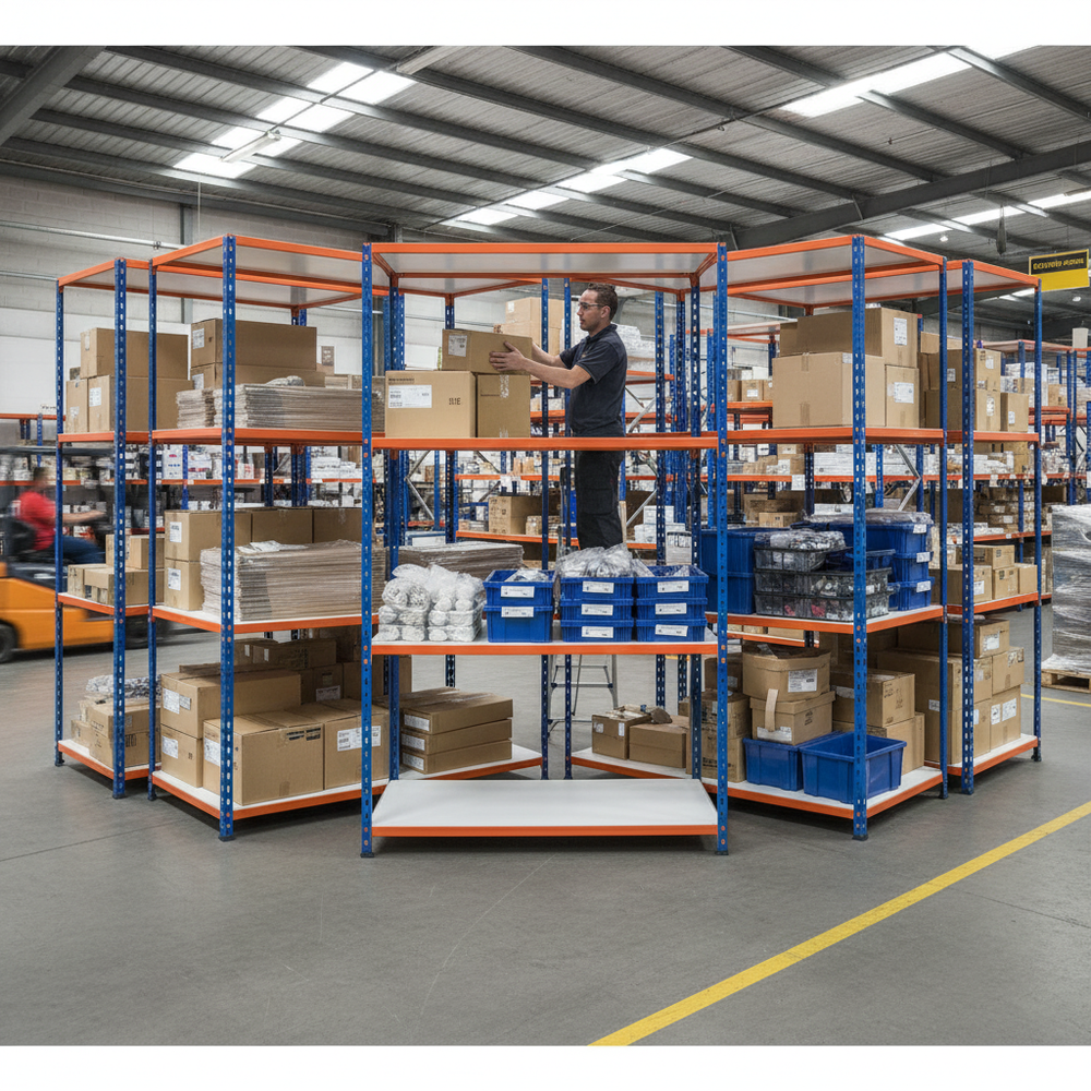 5x Heavy Duty Industrial Shelving - 2440mm High - 340kg Capacity - Melamine - Blue & Orange - Side view