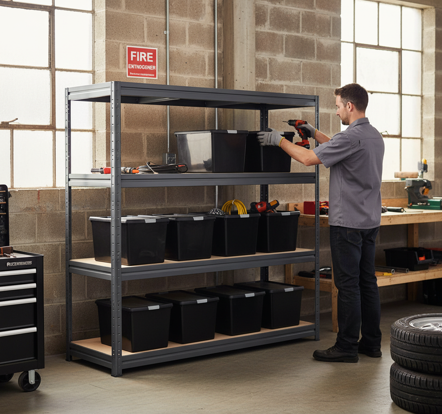 Premium Heavy Duty Shelving with 8x 37L Plastic Storage Boxes - 1770mm High - Grey - Front view