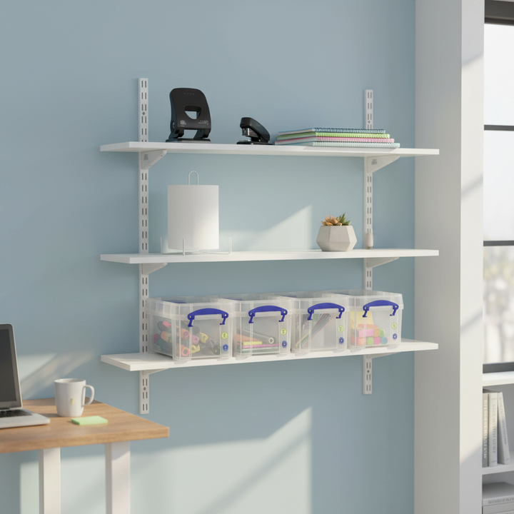 Premium Twin Slot Wall Mounted Shelving - 600mm Wide - White Melamine - Side view