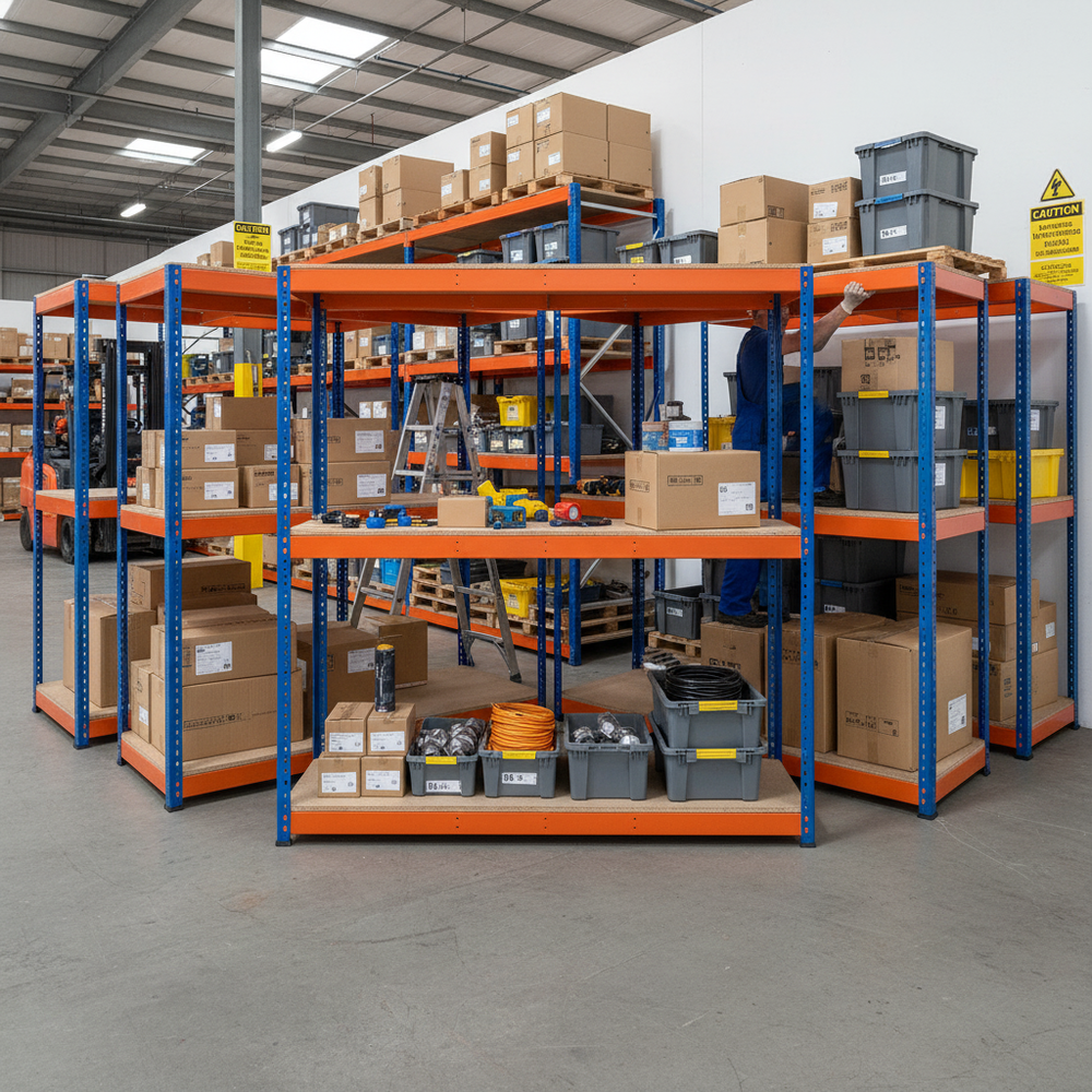 5x Heavy Duty Industrial Shelving - 2440mm High - 400kg Capacity - Chipboard - Side view