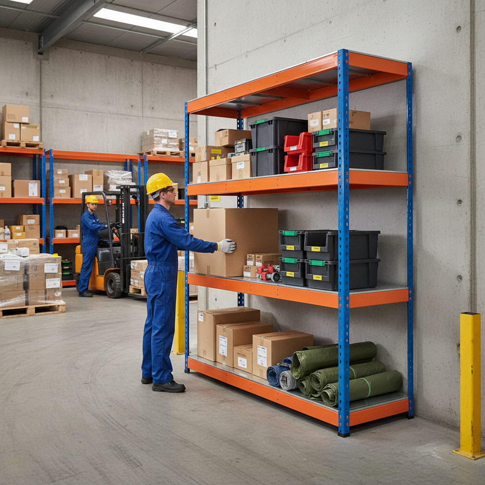 Premium Heavy Duty Industrial Shelving - 1677mm High - 400kg Capacity - Steel - Blue & Orange - Side view