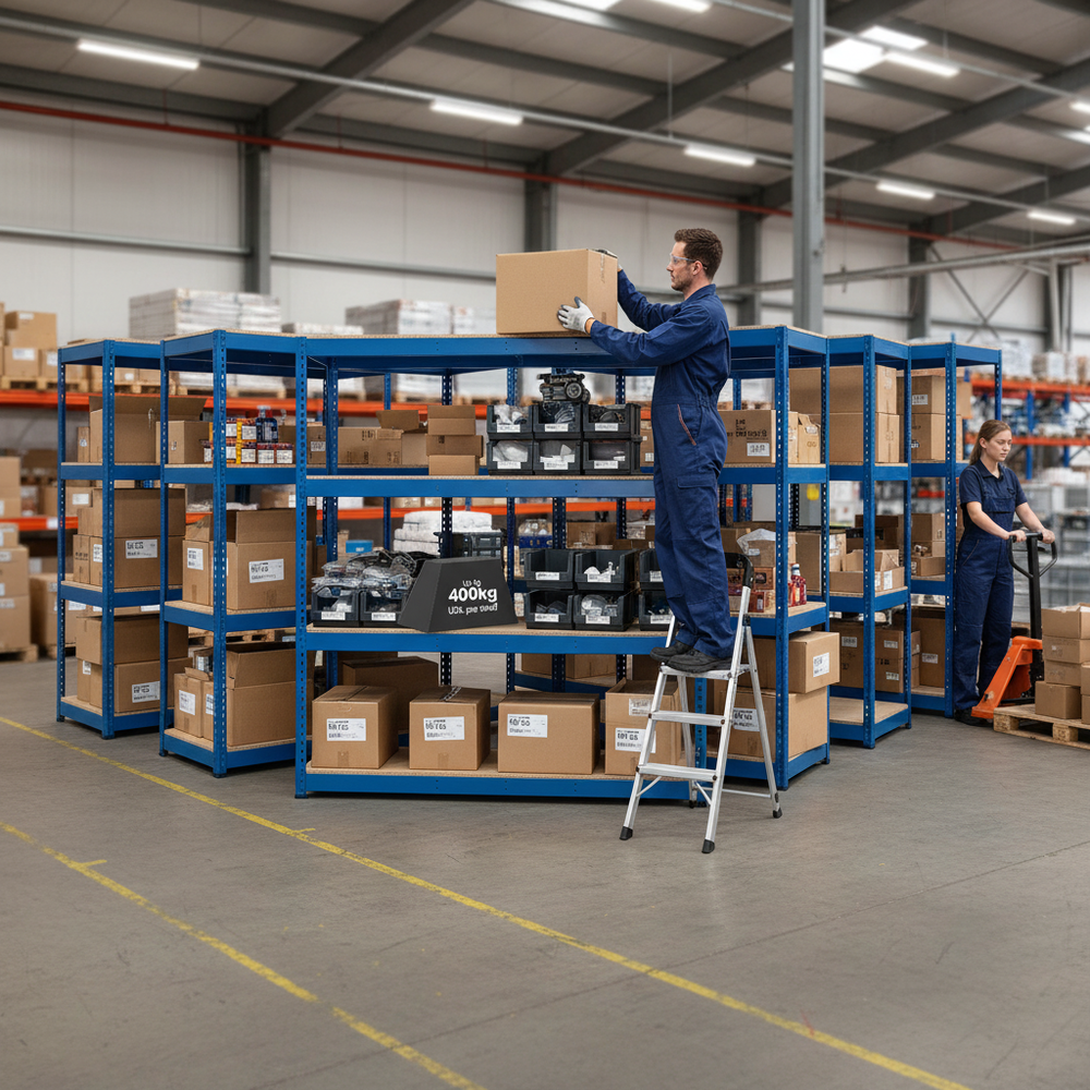 5x Heavy Duty Industrial Shelving - 2440mm High - 400kg Load Capacity - Chipboard - Side view