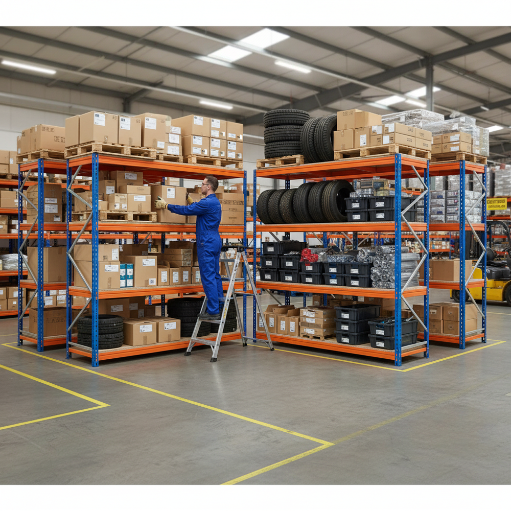4x Heavy Duty Industrial Shelving - 1600mm High - 500kg Capacity - Blue & Orange - Side view
