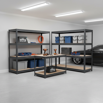 Premium Heavy Duty Industrial Shelving and Workbench Set - Grey