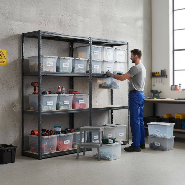 2x Heavy Duty Shelving Unit - 1600mm High - Grey with 12x 60L Plastic Storage Boxes - Front view
