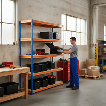 3x Premium Heavy Duty Shelving - 1600mm High - Blue & Orange with 8x 37L Plastic Storage Boxes