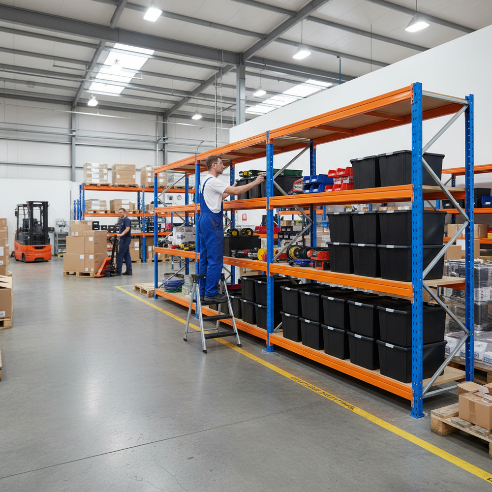 Premium Heavy Duty Shelving with 12x 62L DIY Storage Boxes - 1770mm High - Side view