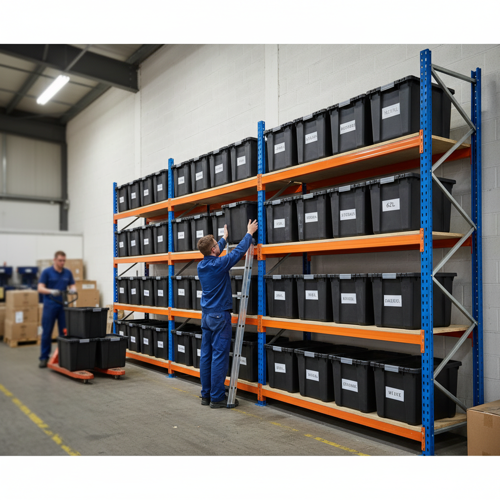 4x Heavy Duty Shelving Units - 1600mm High with 8x 62L Storage Boxes - Side view