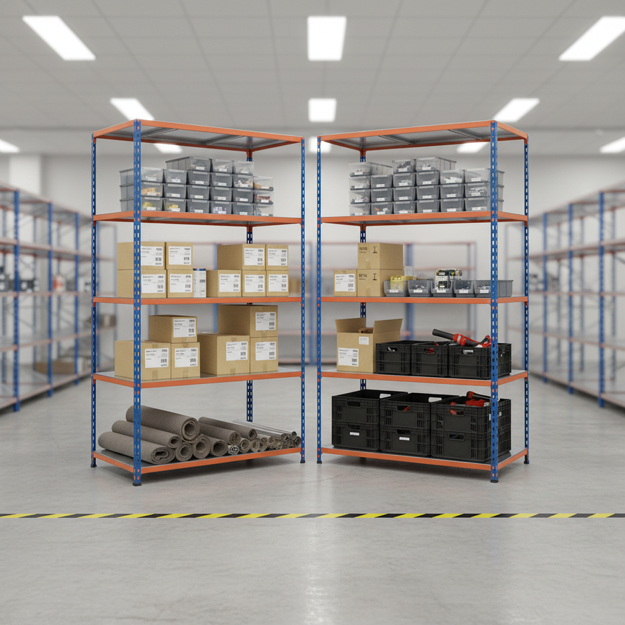 Heavy Duty Industrial Shelving - 1830mm High - 200kg Capacity - Steel - Blue & Orange - Front view