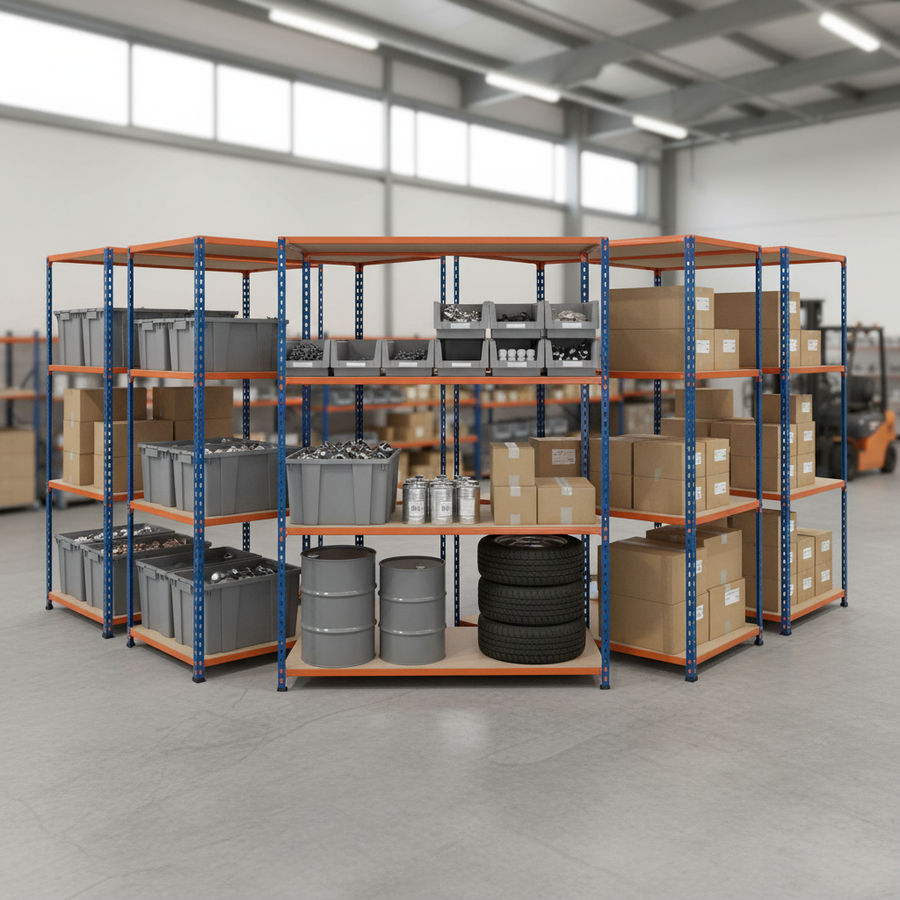 5x Heavy Duty Industrial Shelving - 3050mm High - 340kg Capacity - Chipboard - Blue & Orange - Front view