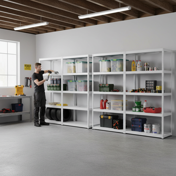 4 Tier Heavy Duty Metal Shed Shelving - 1800mm High - 90/130kg Capacity - White
