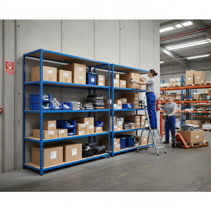 Heavy Duty Industrial Shelving - 2440mm High - 200kg Capacity - Chipboard - Blue Finish - Side view