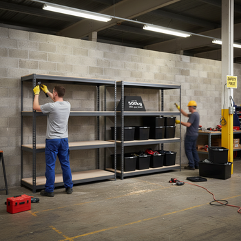 4x Heavy Duty Shelving Units - 1800mm High - Grey with 12x 62L Plastic Storage Boxes