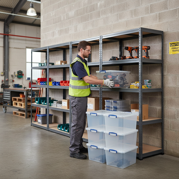 Premium 4x Shelving Units - 2130mm High - Grey with 8x 33.5L Storage Boxes