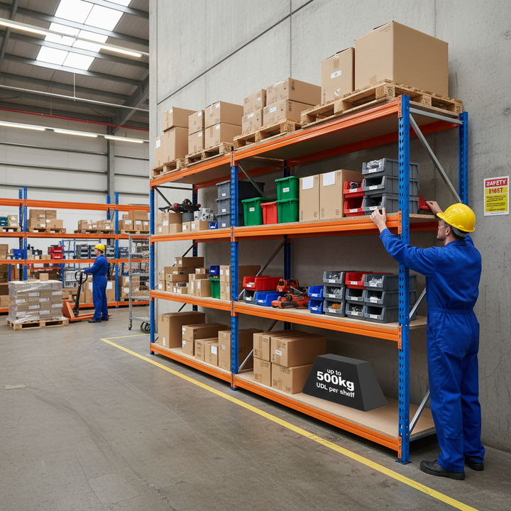 Premium Heavy Duty Industrial Shelving - 2200mm High - 500kg Capacity - Blue & Orange - Side view