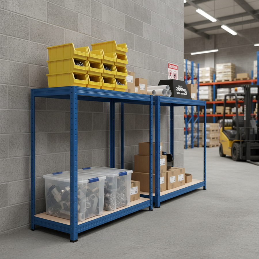 Premium Half Height Shelving Units - 800mm High - 200/280kg Capacity - Blue - Front view