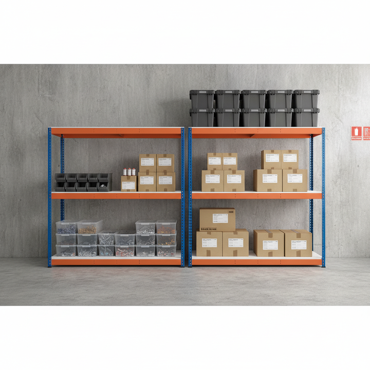 Heavy Duty Industrial Shelving - 1677mm High - 400kg Capacity - Melamine - Blue & Orange - Front view