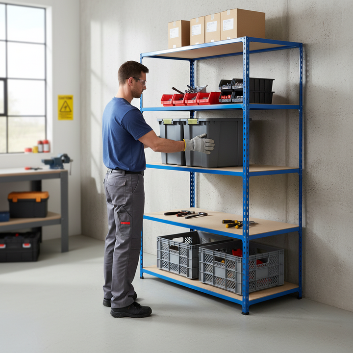 Heavy Duty Industrial Shelving - 1830mm High - 200kg Capacity - Chipboard - Blue Finish - Front view