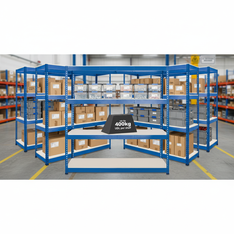 5x Heavy Duty Industrial Shelving - 1980mm High - 400kg Capacity - Melamine - Blue - Front view