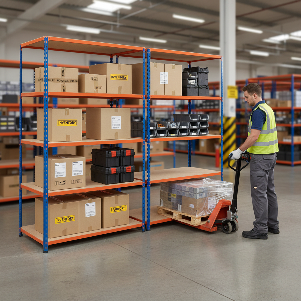 Heavy Duty Industrial Shelving - 1980mm High - 340kg Capacity - Chipboard - Blue & Orange - Front view