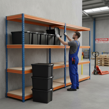 4x Heavy Duty Shelving - 2000mm High - Blue & Orange with 8x 62L Plastic Storage Boxes