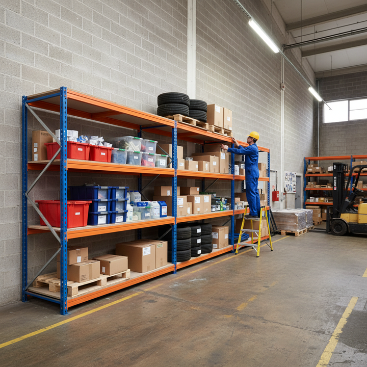 4x Heavy Duty Garage Shelving - 1600mm High - 500kg Load Capacity - Blue & Orange - Side view