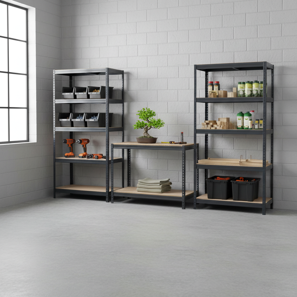 Premium 2x Shelving Units & 1x Workbench - Heavy Duty Storage Solution - Front view