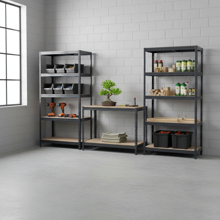 Premium 2x Shelving Units & 1x Workbench - Heavy Duty Storage Solution - Front view