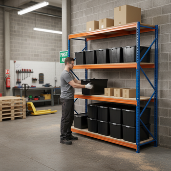 Heavy Duty Shelving with 12x 62L Plastic Storage Boxes - 1600mm High
