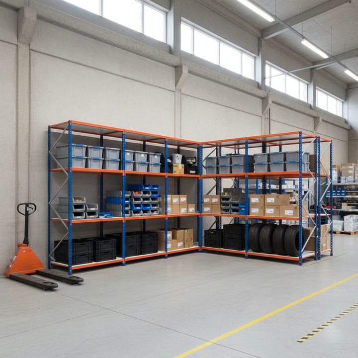 5x Heavy Duty Industrial Shelving - 1980mm High - 340kg Load Capacity - Blue & Orange - Front view