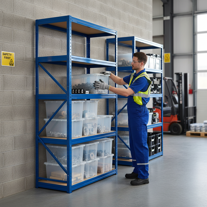 Premium Heavy Duty Shelving Unit - 1800mm High with 12x 60L Plastic Storage Boxes - Front view