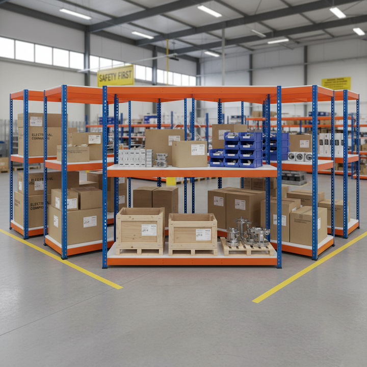 Heavy Duty Industrial Shelving - 2440mm High - 800kg Capacity - Melamine - Blue & Orange - Front view