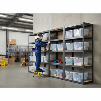 4x Heavy Duty Shelving Units - 2130mm High - Grey with 12x 33.5L Storage Boxes
