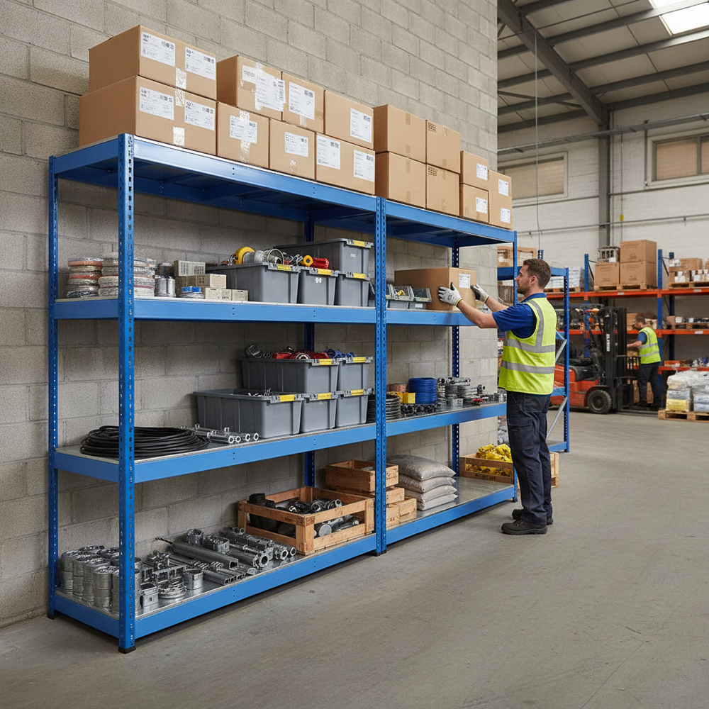 Heavy Duty Industrial Shelving - 1677mm High - 400kg Capacity - Steel - Blue - Side view