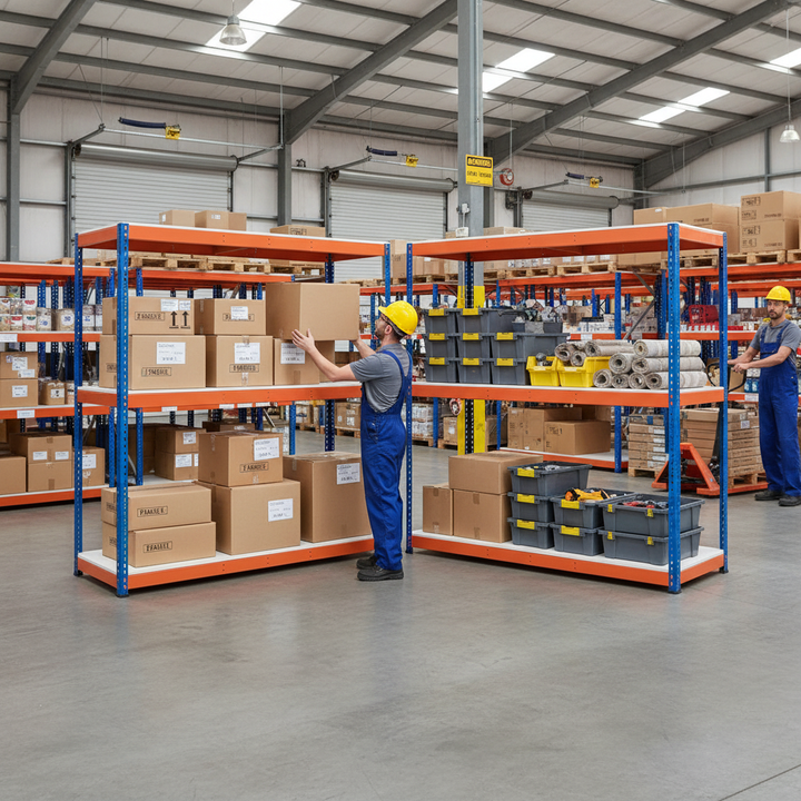 Heavy Duty Industrial Shelving - 1677mm High - 400kg Capacity - Melamine - Blue & Orange - Side view