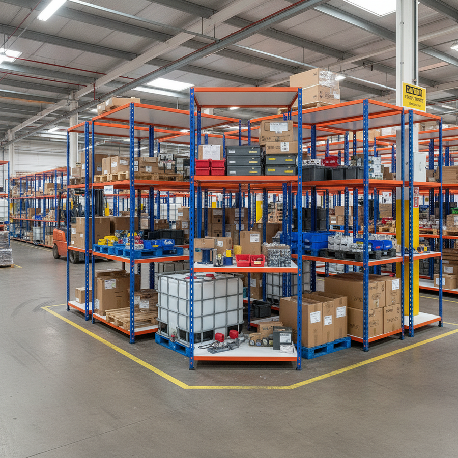 5x Heavy Duty Industrial Shelving - 3050mm High - 340kg Capacity - Melamine - Blue & Orange - Front view