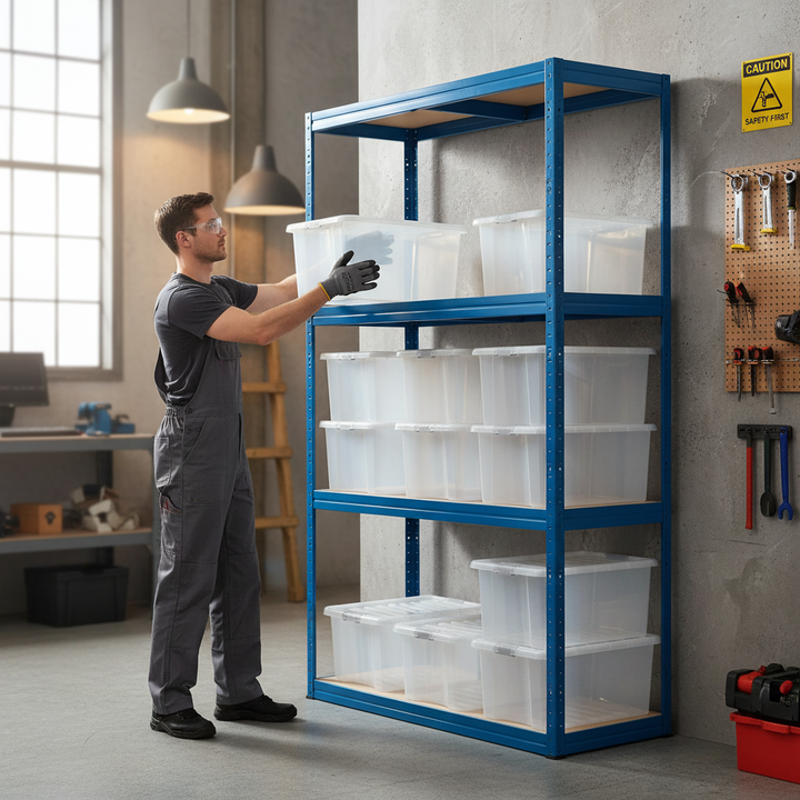 Premium Heavy Duty Shelving Unit - 1600mm High with 12x 60L Plastic Storage Boxes - Front view