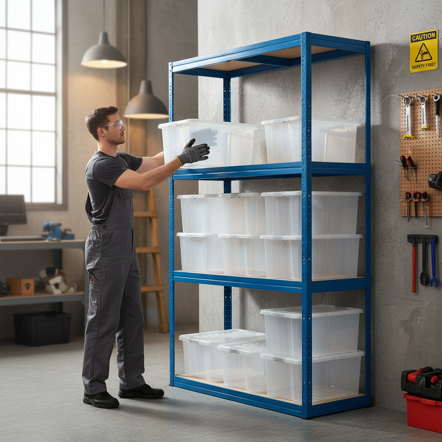 Premium Heavy Duty Shelving Unit - 1600mm High with 12x 60L Plastic Storage Boxes - Front view