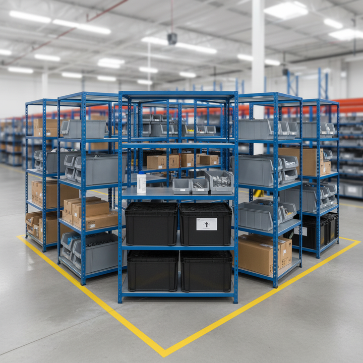 5x Industrial Grade Shelving - 1830mm High - 200kg Capacity - Steel - Blue - Front view