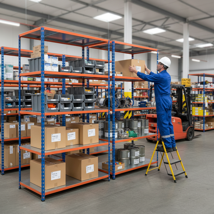 Heavy Duty Industrial Shelving - 1830mm High - 200kg Capacity - Steel - Blue & Orange - Side view