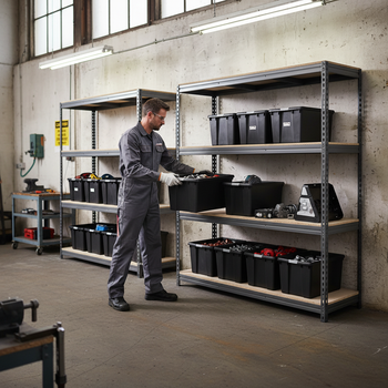 3x Premium Heavy Duty Shelving - 1800mm High - Grey with 8x 62L Plastic Storage Boxes