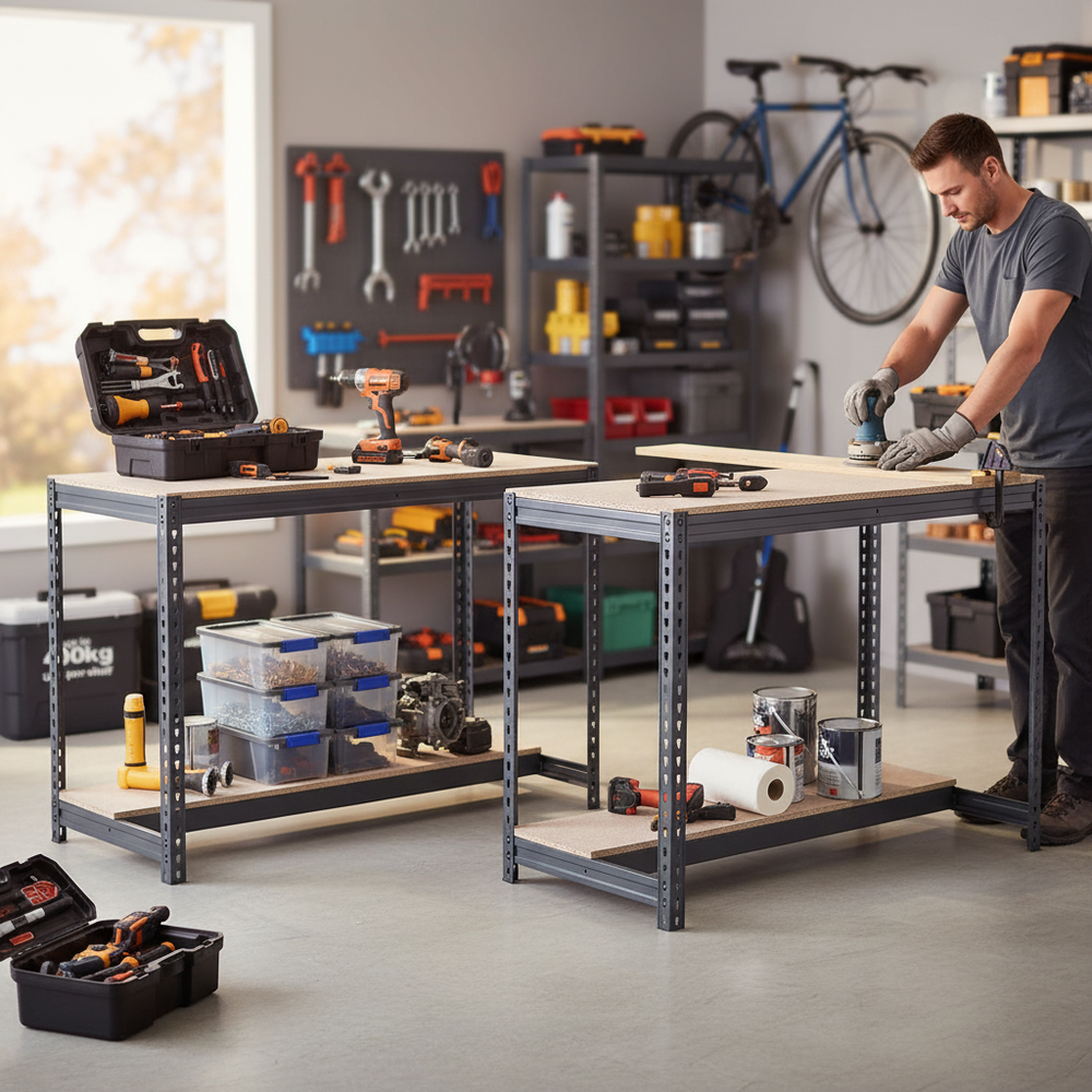 Heavy Duty Workbenches with Adjustable Shelf - 915mm High - 400kg Capacity - Side view