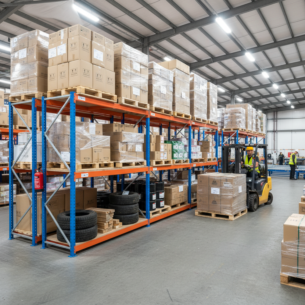 Heavy Duty Industrial Shelving - 2440mm High - 800kg Capacity - Chipboard - Blue & Orange - Side view