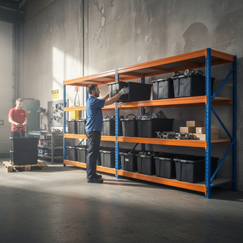 4x Premium Heavy Duty Shelving - 1770mm High - Blue & Orange with 12x 62L Plastic Storage Boxes