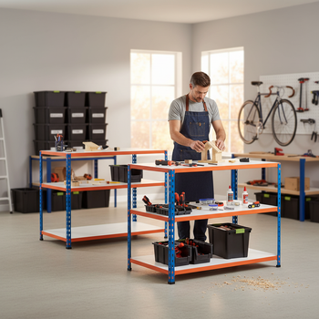 2x Heavy Duty Workbenches - 915mm High - 340kg Load Capacity - Melamine - Blue/Orange