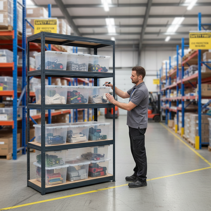 Premium Heavy Duty Shelving Unit with 12x 60L Plastic Storage Boxes - Side view